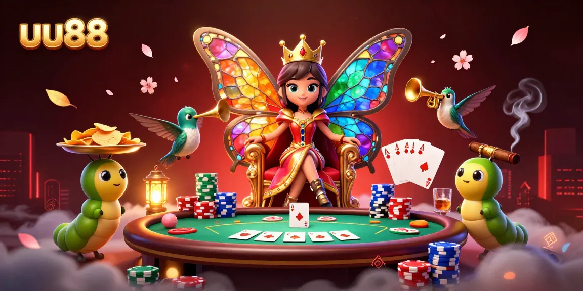 Experience thrilling gameplay at uu88 with a vibrant poker scene featuring a butterfly queen and colorful chips.