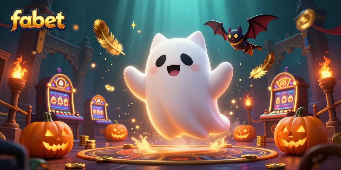 Experience fabet's enchanting world with a ghost cat and playful bat amid glowing casino lore.