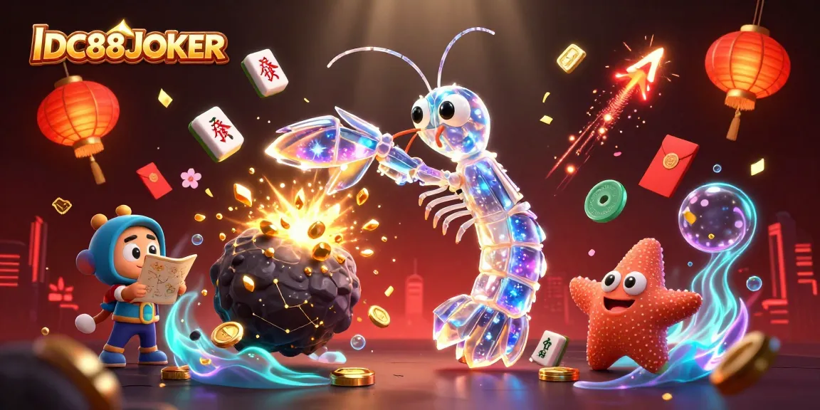 Engage with IDC88JOKER as a galactic mantis shrimp battles for treasure amidst vibrant casino elements.