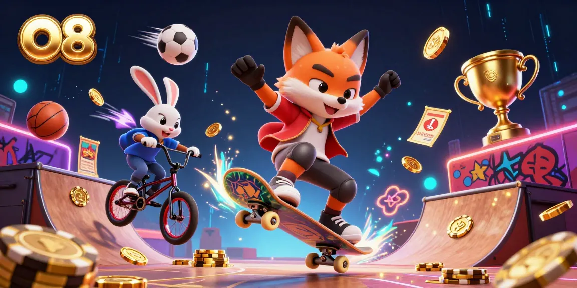 O8 showcases dynamic casino action with a skateboarder fox and BMX rabbit amid sports betting elements.