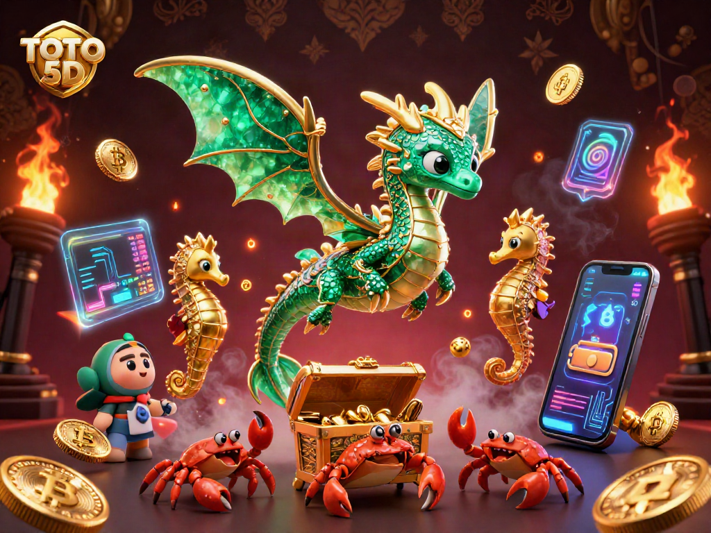 TOTO 5D showcases an emerald sea dragon with a treasure chest, surrounded by crypto coins, sparkling in a rich gambling scene.