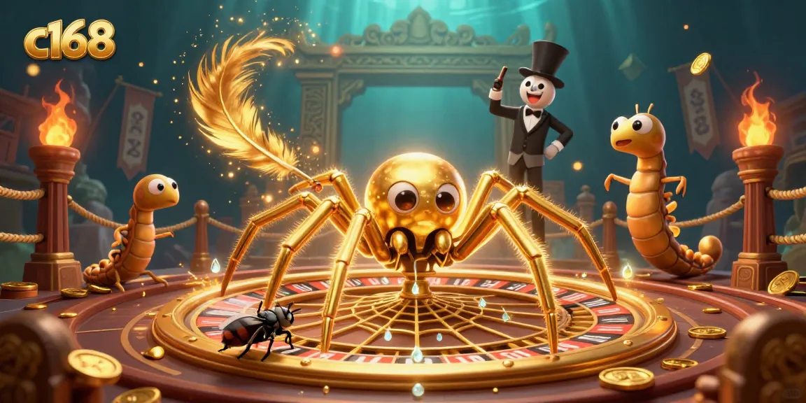 Experience the thrill of betting at c168 with a golden spider and centipede croupier in a vibrant casino scene.