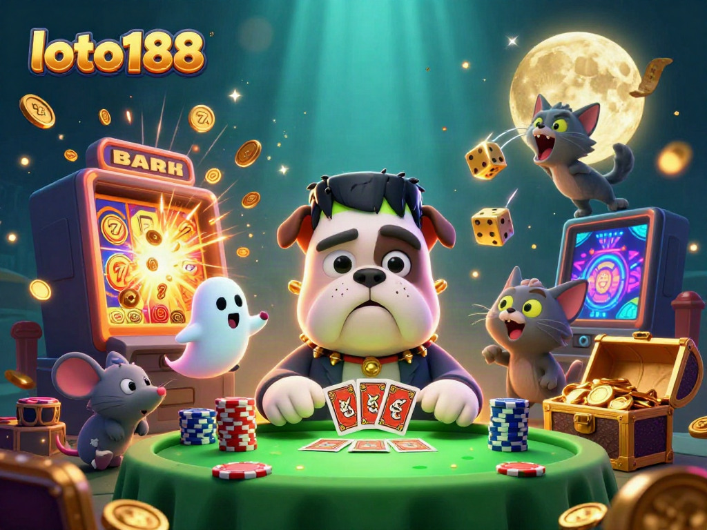 Engage with loto188's thrilling games illustrated by a cartoon bulldog dealer, enticing players.