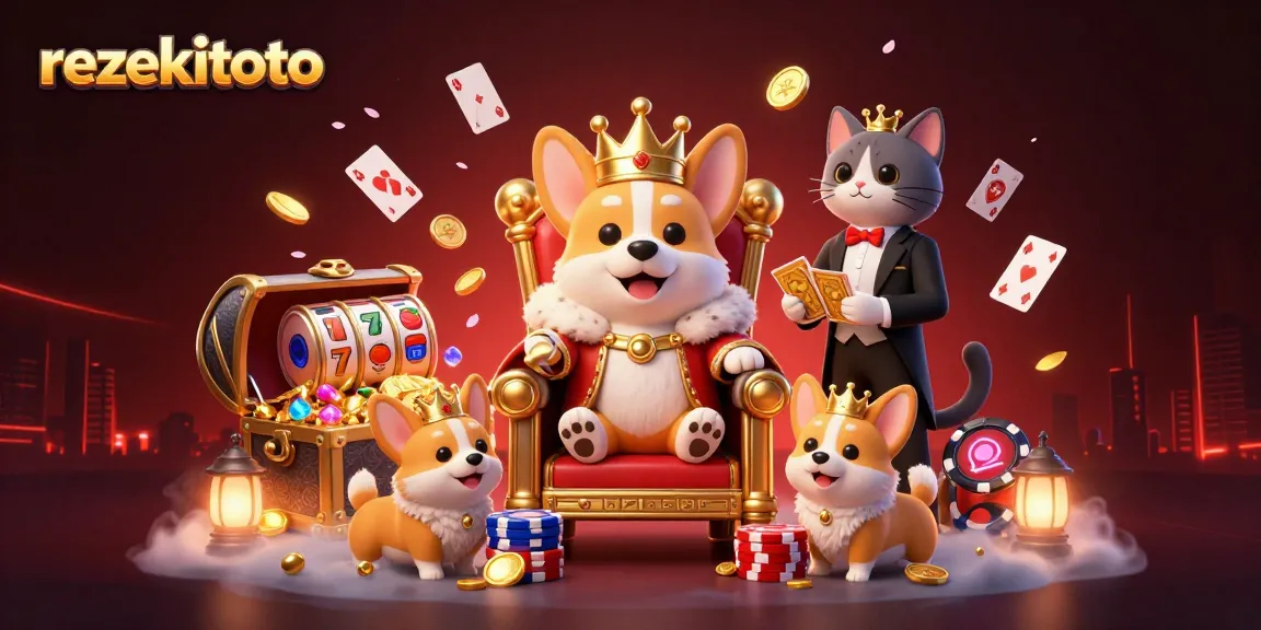 Experience thrilling jackpot wins at rezekitoto with cartoon characters surrounded by poker chips and golden treasures.
