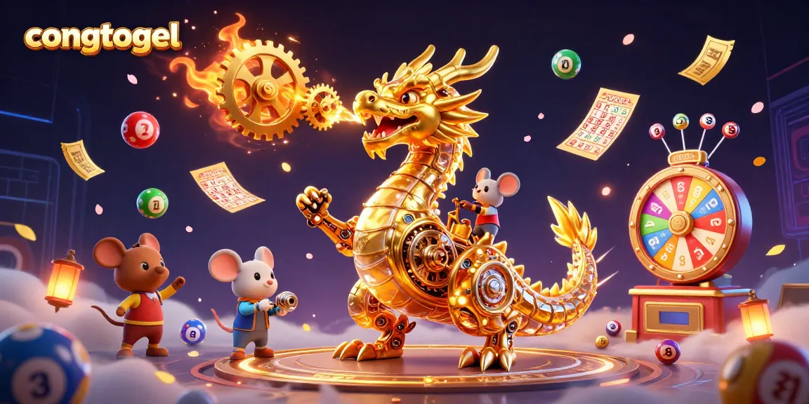 Win with congtogel as a 3D golden dragon and colorful lotto elements enhance excitement in this dynamic scene.
