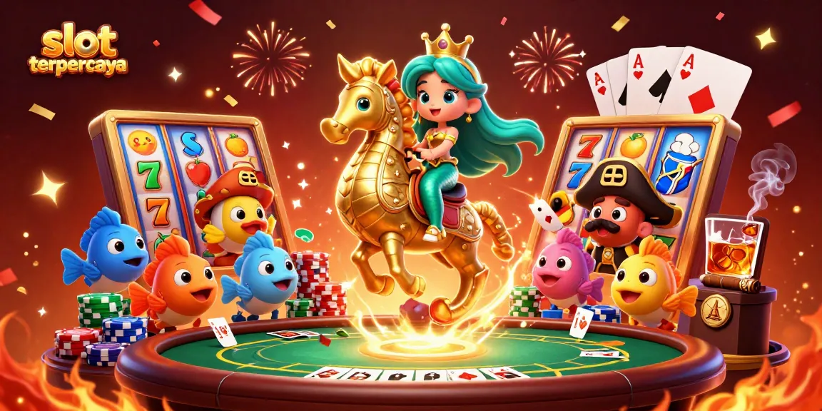 Experience the magic of slot terpercaya with a vibrant illustration featuring mermaid characters and casino elements.