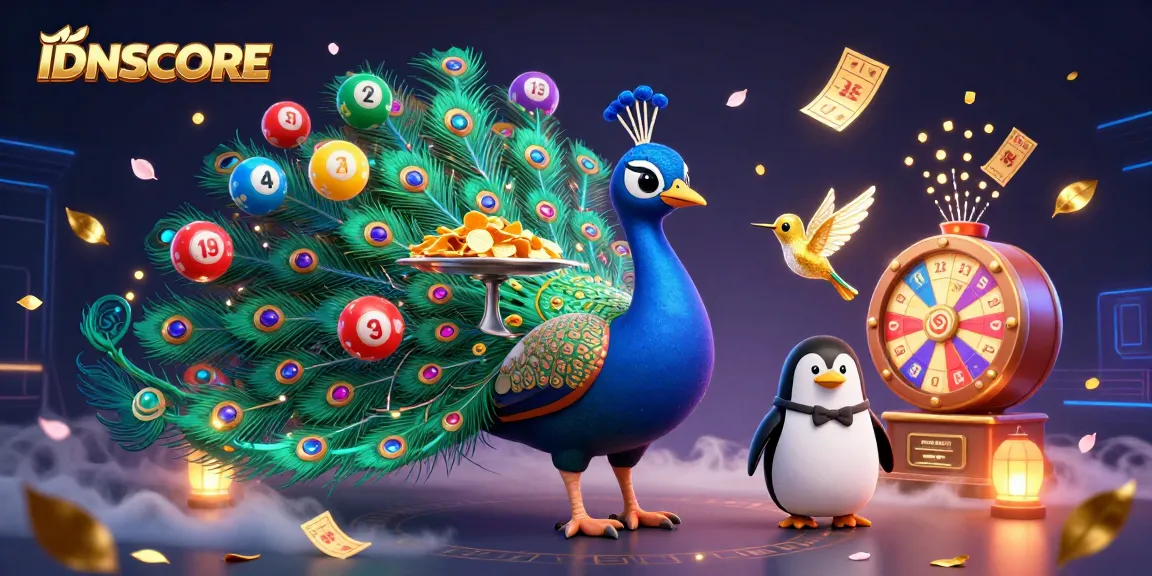 IDNSCORE players enjoying a vibrant lottery scene with colorful balls and golden prizes