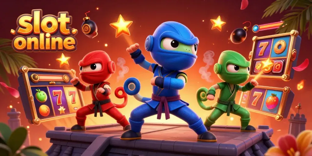 Experience thrilling slot online gameplay with a ninja chameleon team, vibrant slot reels and jackpot symbols.