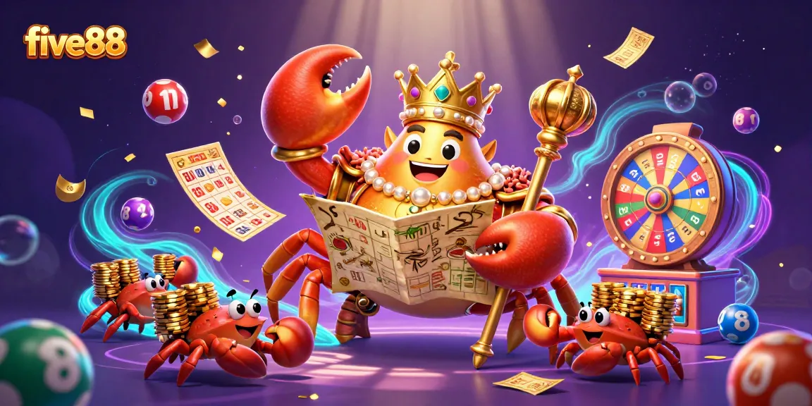 Experience the vibrant world of five88 with a golden crab emperor, lottery elements, and dynamic visuals.