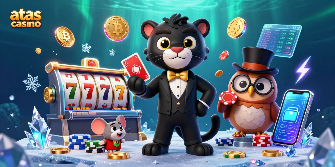 Experience the excitement of playing at ATAS Casino, depicted by a stylish panther dealer and charming characters.