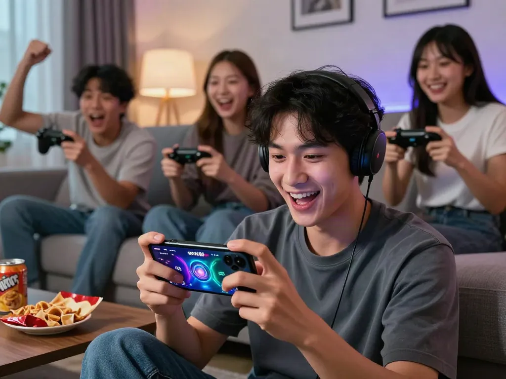Active gaming moment with rokok88 apk showcased on smartphone, friends engaged in competitive play.