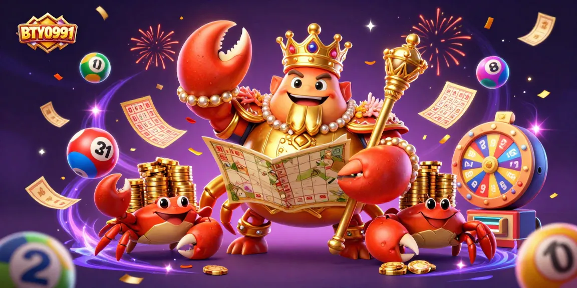 Experience the excitement of BTY0991 with a vibrant 3D illustration of a golden crab emperor in a lottery scene.