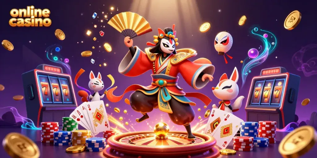 Experience the vibrant online casino world with captivating characters, golden coins, and exciting games.