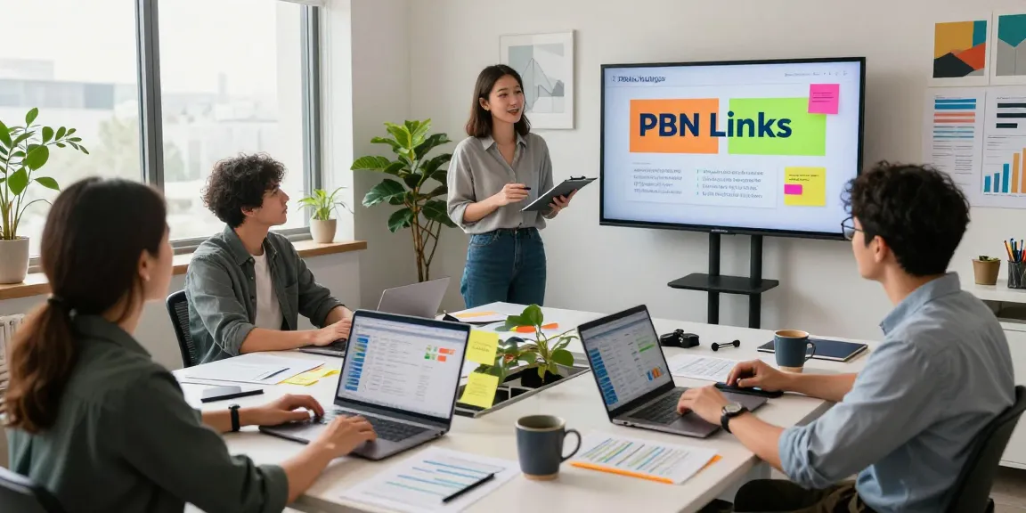 PBN Links strategies and team collaboration in a modern digital marketing office.
