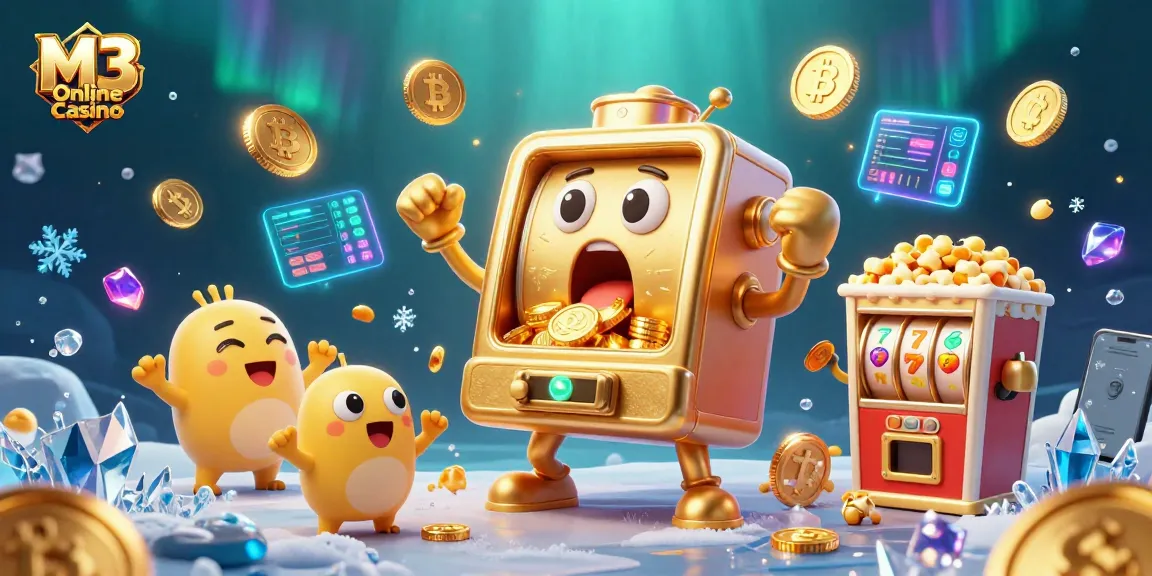 M3 Online Casino features a vibrant scene with a golden slot machine jackpot celebration, showcasing cryptocurrency and gaming elements.