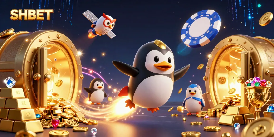 Experience the excitement of SHBET with dynamic casino elements illustrated in a vibrant scene featuring a golden penguin and treasures.