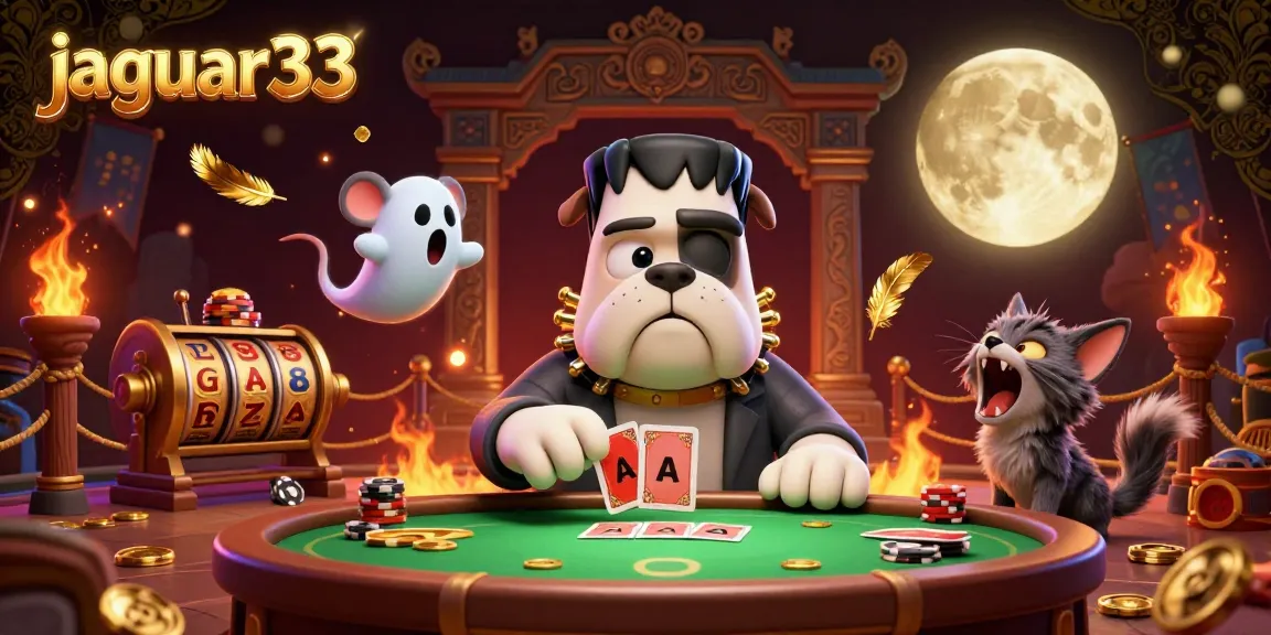 Experience the excitement of jaguar33 as the Frankenstein bulldog monster deals cards in a vibrant casino setting.
