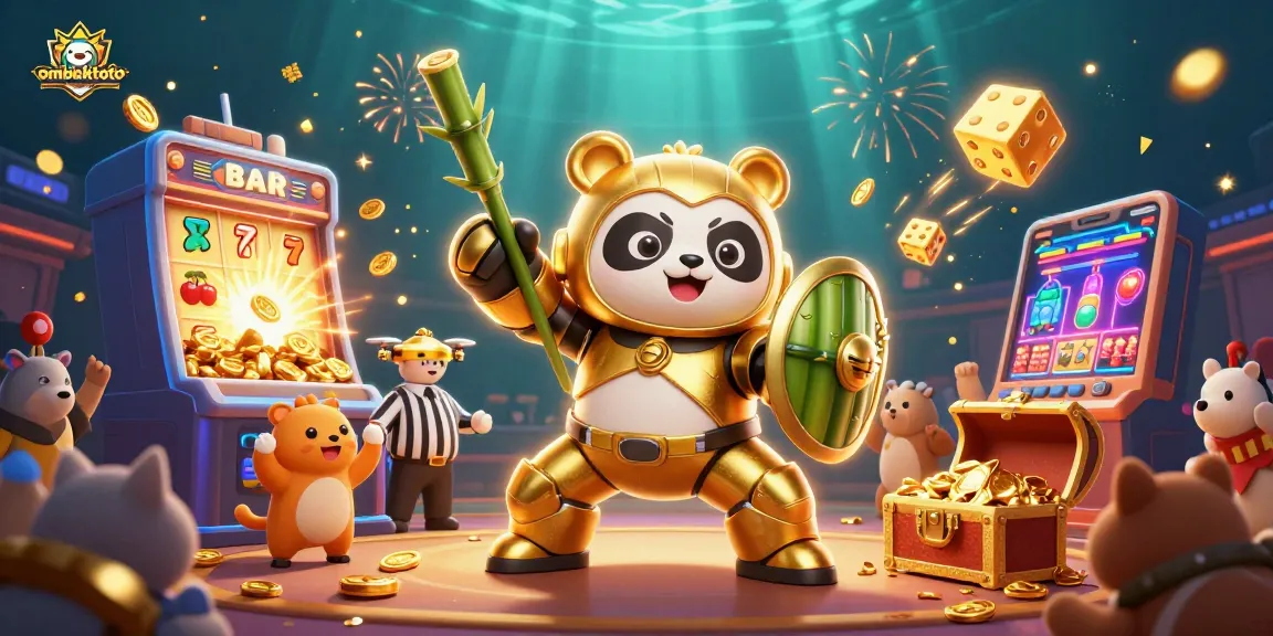 Engage with ombaktoto’s vibrant casino world featuring a mech-suit panda amidst coins exploding.