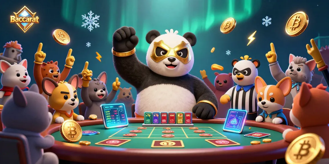 Baccarat winning scene with panda wrestler, counting referee, and animal fans celebrating with neon coins and cards.