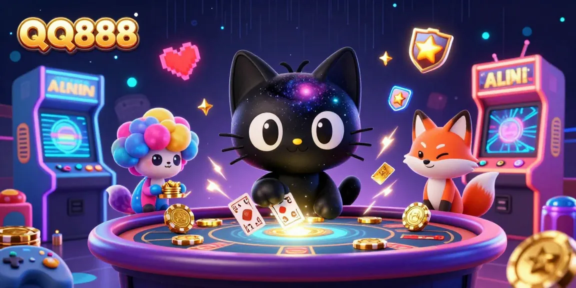 Engage with QQ888's cosmic casino scene featuring dynamic game elements and charming characters.