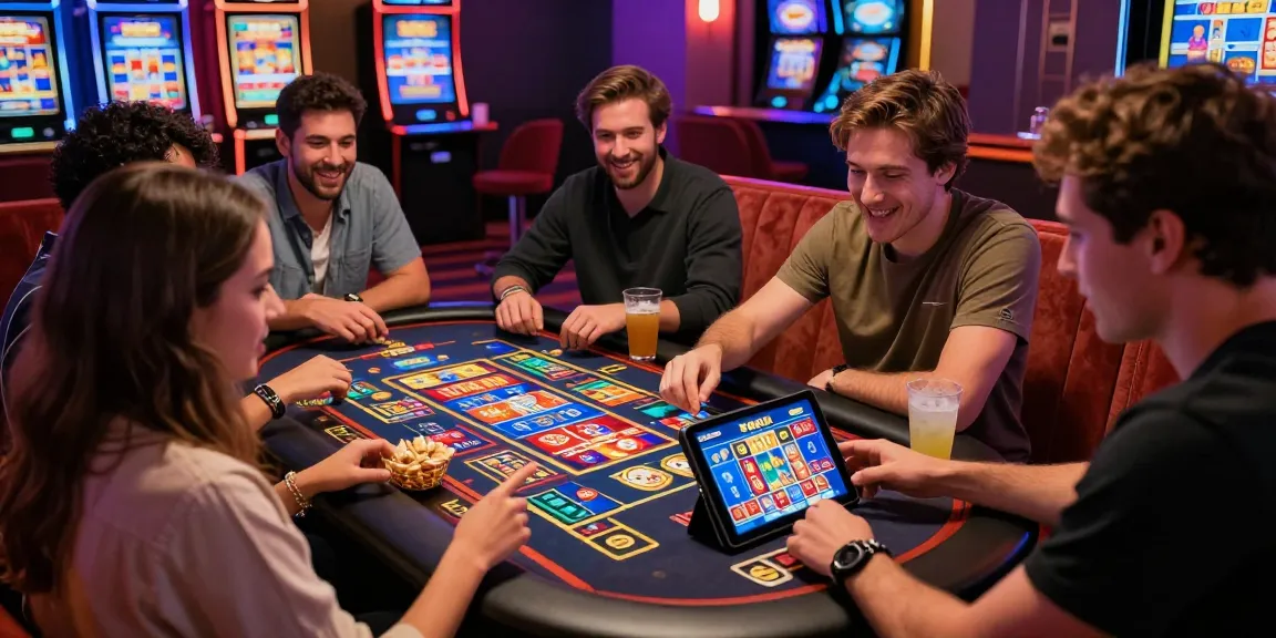 Friends enjoying KO66 casino games on a tablet in a lively atmosphere.