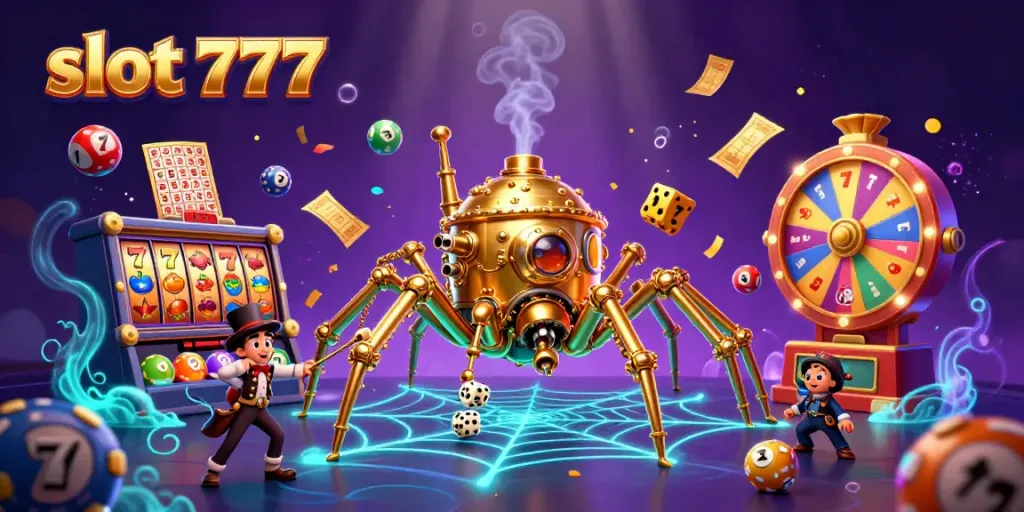 Slot 777 menyuguhkan ilustrasi kartun 3D dengan laba-laba steampunk sedang membangun sarang, dikelilingi elemen mesin slot.