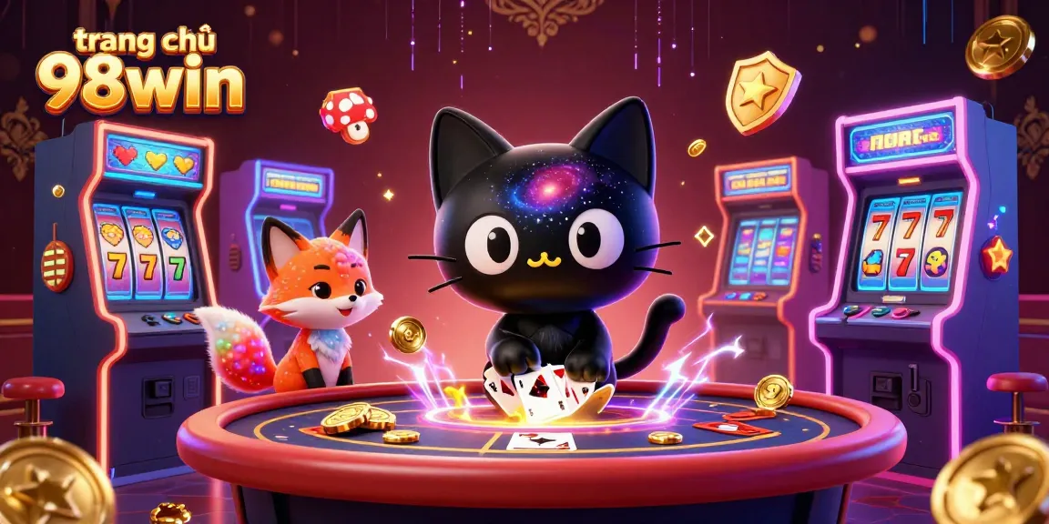 Experience the cosmic thrill at trang chủ 98win, where a black hole cat and vibrant fox captivate players.