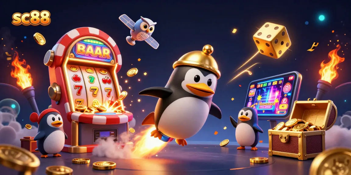 Experience thrilling gaming at sc88 with a penguin astronaut chasing jackpots through an extravagant casino.