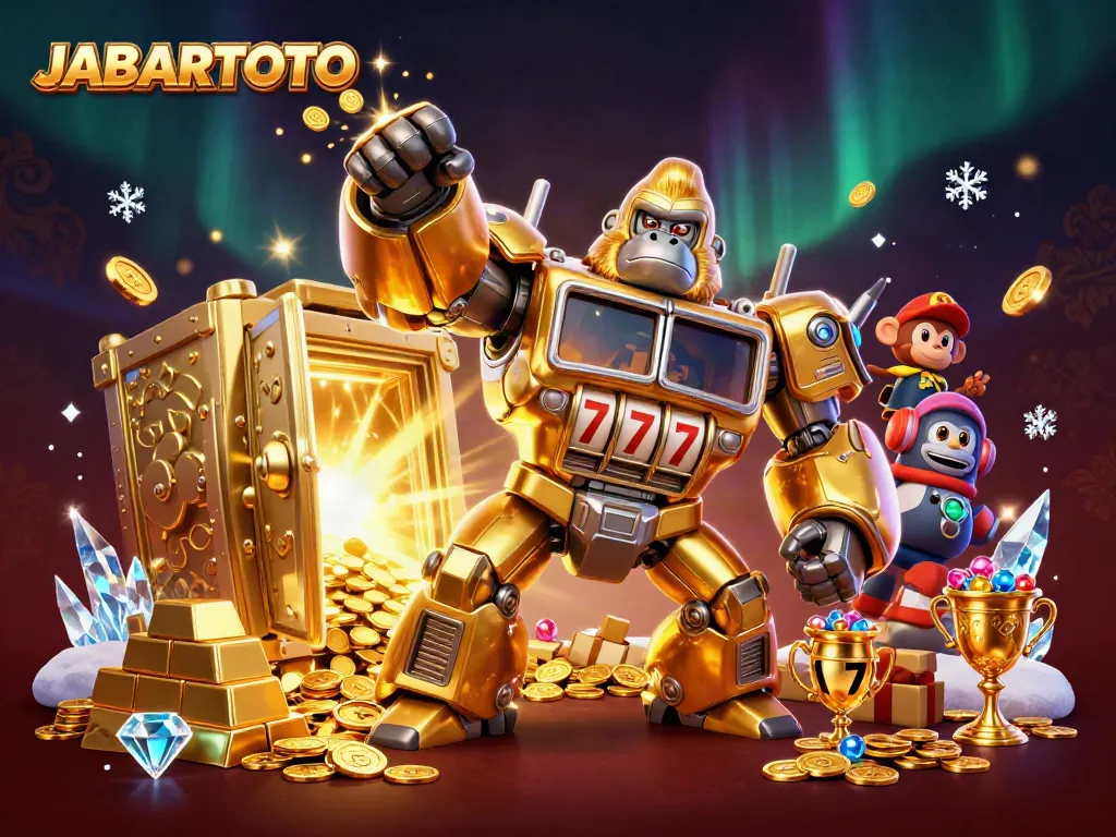 JABARTOTO menang besar dengan mesin slot dan koin bersinar di dalam kasino futuristik.