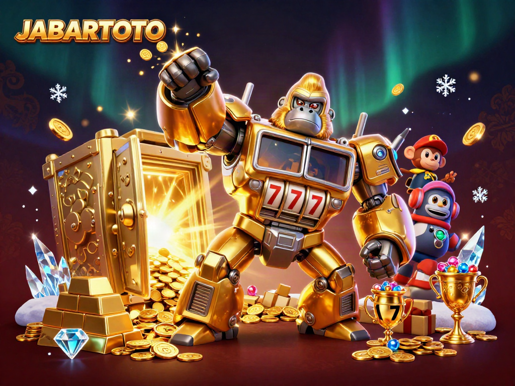 JABARTOTO menang besar dengan mesin slot dan koin bersinar di dalam kasino futuristik.