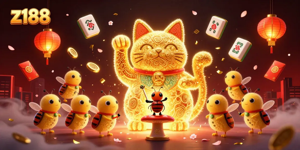 Experience the excitement of z188 with a golden lucky cat and dynamic casino symbols in vibrant 3D.