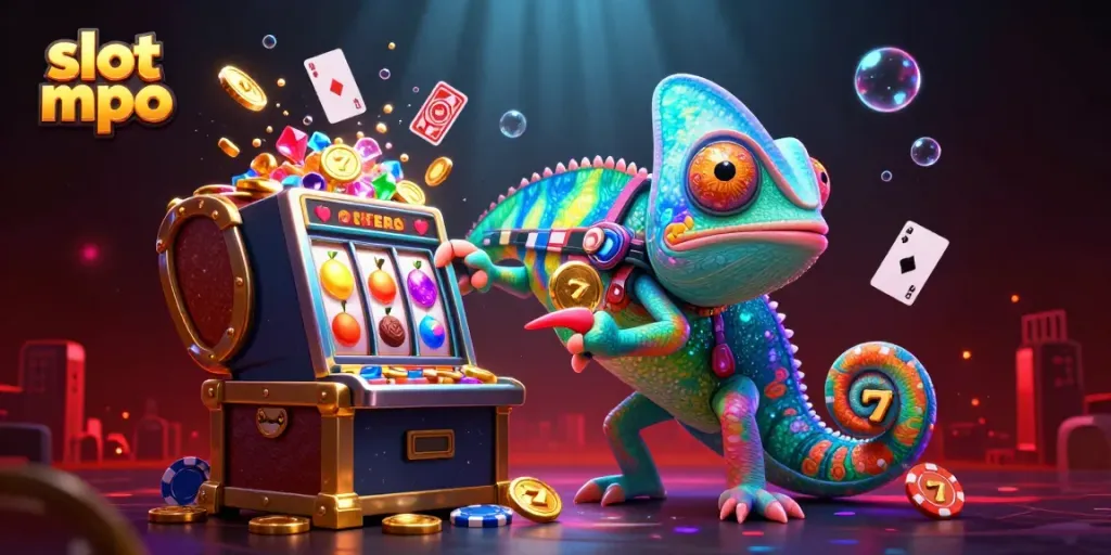 Experience the excitement of slot mpo with a vibrant chameleon casino owner capturing coins in a colorful 3D scene.