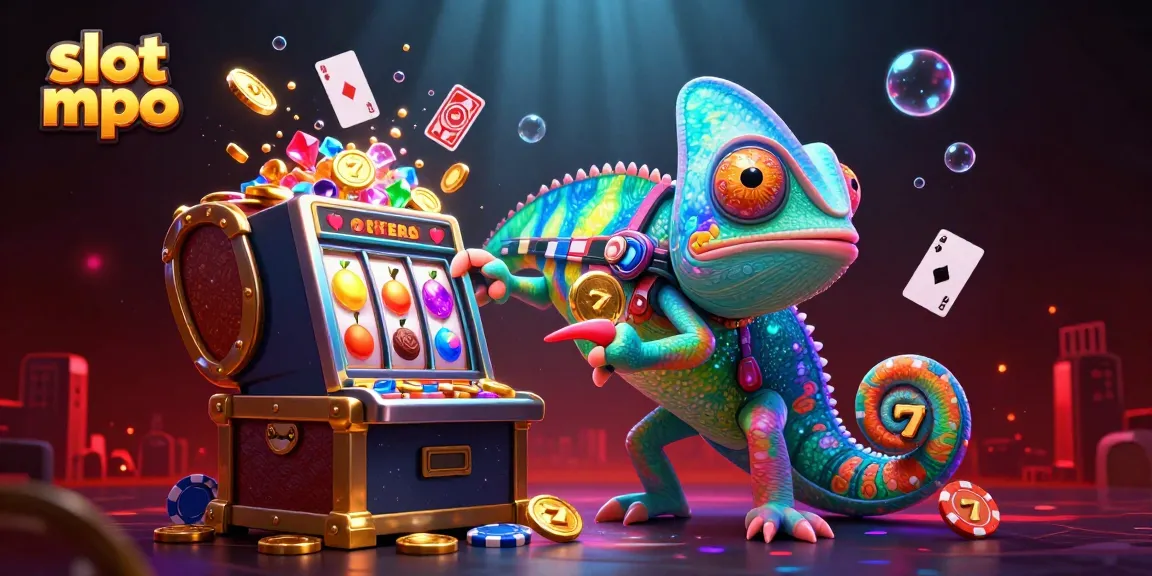 Experience the excitement of slot mpo with a vibrant chameleon casino owner capturing coins in a colorful 3D scene.