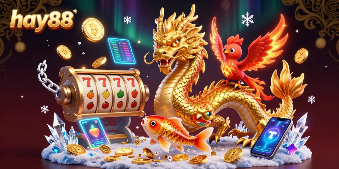 Engage in hay88 gaming excitement with a vibrant 3D dragon scene filled with slots, crypto coins, and lucky symbols.