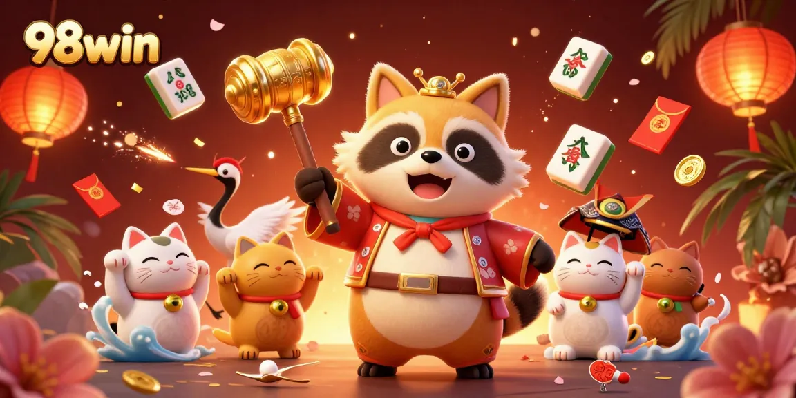 Experience the excitement of 98win with cheerful tanuki and festive elements in this vibrant scene.