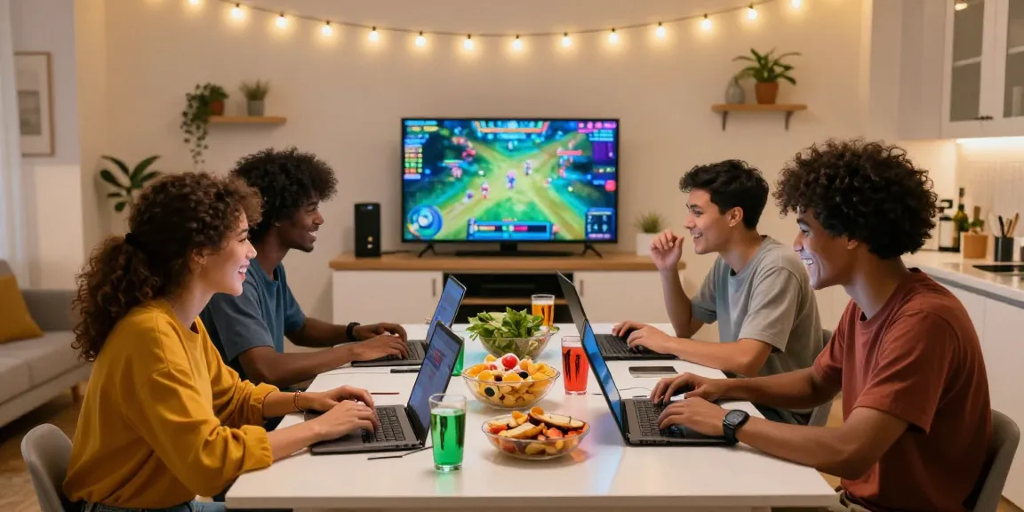Friends enjoying an engaging game bài đổi thưởng night with laptops and snacks in a cozy setting.