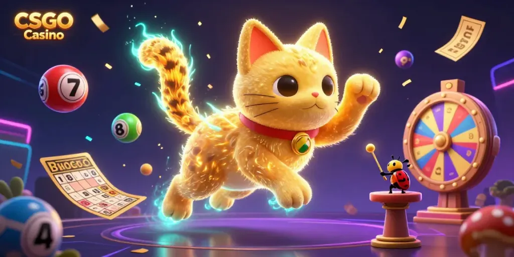 Engage in exciting CSGO Casino fun with a vibrant scene showcasing dynamic gaming elements and a lucky cat.