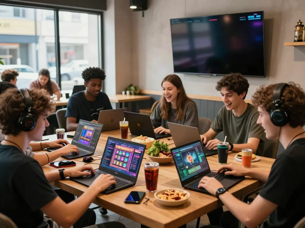 Engaged gaming community enjoying akunjp online games in a trendy café.