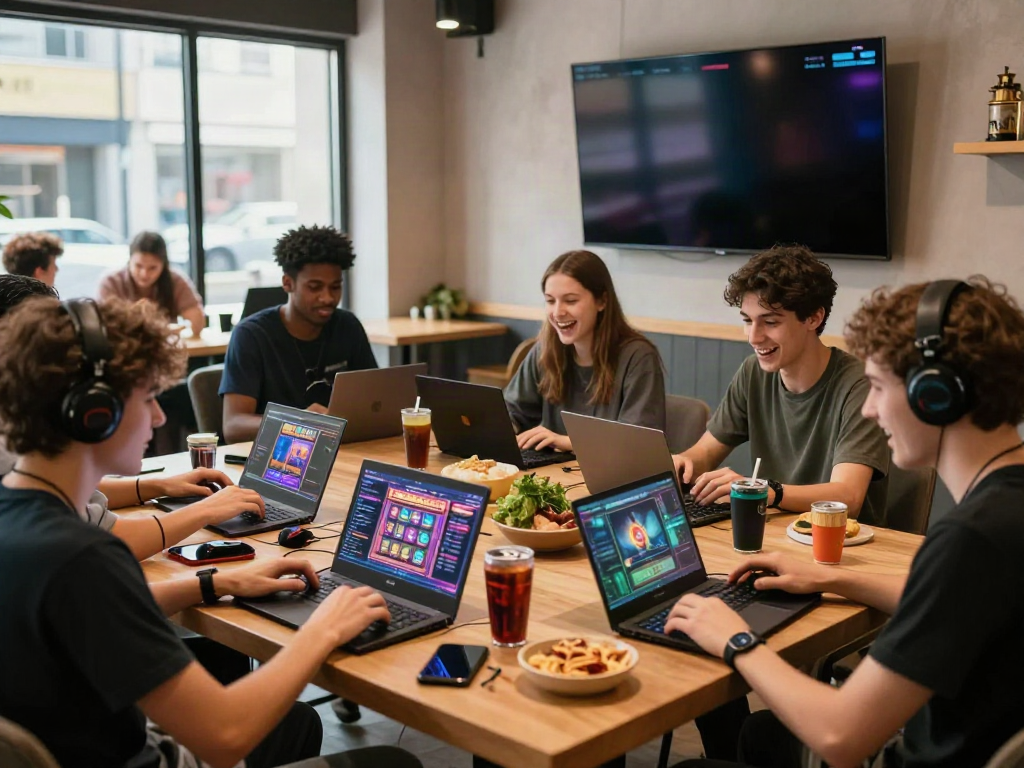 Engaged gaming community enjoying akunjp online games in a trendy café.