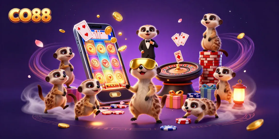 Engage with CO88's vibrant casino world, featuring meerkats managing games and chips.
