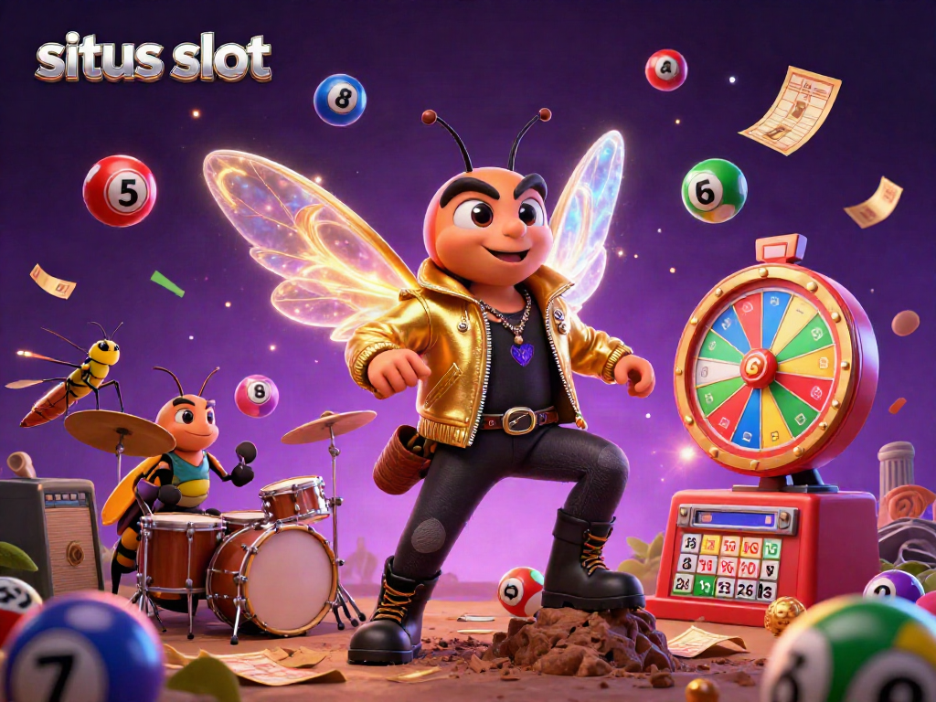 Engaging illustration of a rock star cicada performing amidst vibrant situs slot elements, including lottery balls and bingo cards.