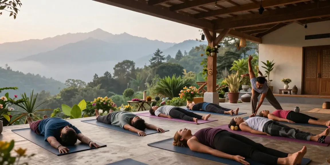Students participating in 300 hour yoga teacher training in India amidst the serene landscape of Rishikesh, practicing advanced asanas.
