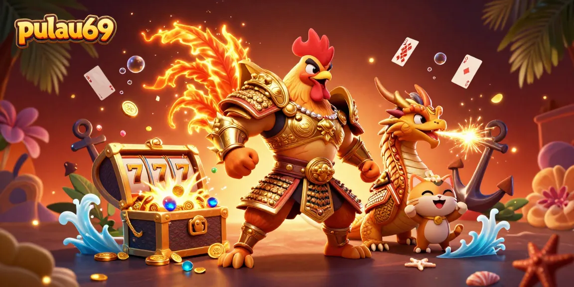 Engage with pulau69 through this vibrant 3D digital casino illustration featuring dynamic characters and game elements.