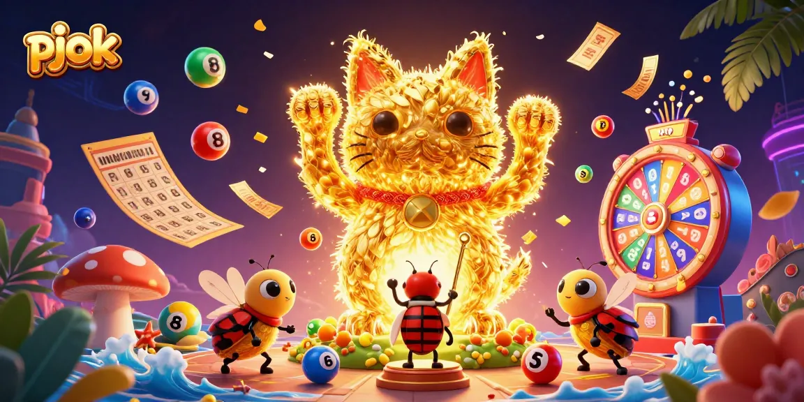 Engage with pjok's vibrant gaming universe, featuring a dynamic scene of a golden cat and lottery elements.