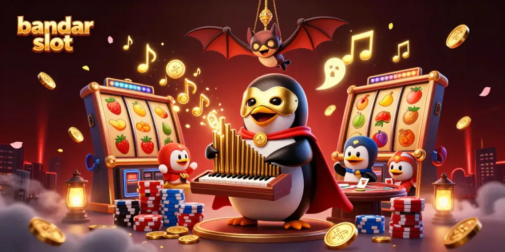 Ilustrasi bandar slot dengan pemuda bermain slot dan koin emas berjatuhan di kasino.