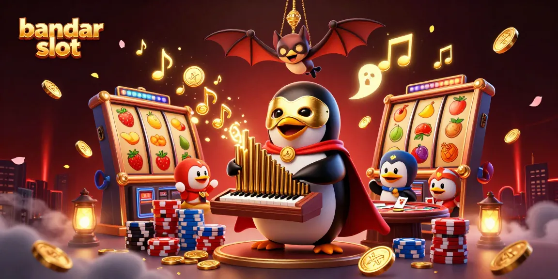Ilustrasi bandar slot dengan pemuda bermain slot dan koin emas berjatuhan di kasino.
