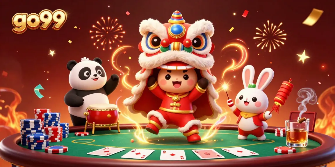 Experience the excitement of gambling with go99 illustrated in a vibrant 3D scene featuring a lion dance, poker elements, and festive decorations.