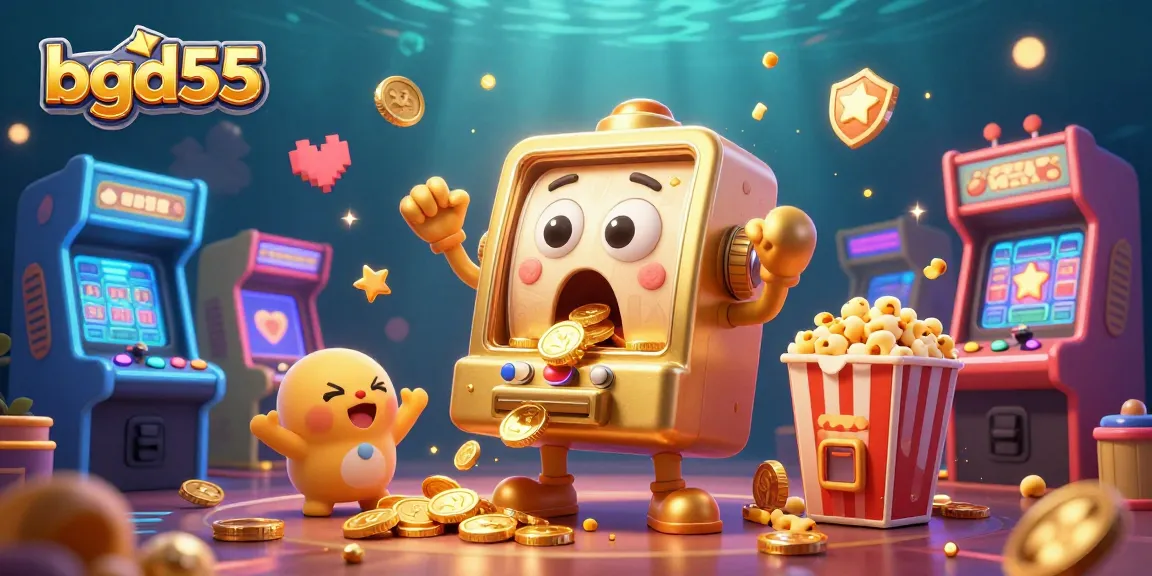 Win big with bgd55 as a golden slot machine hits a jackpot surrounded by cheerful elements.