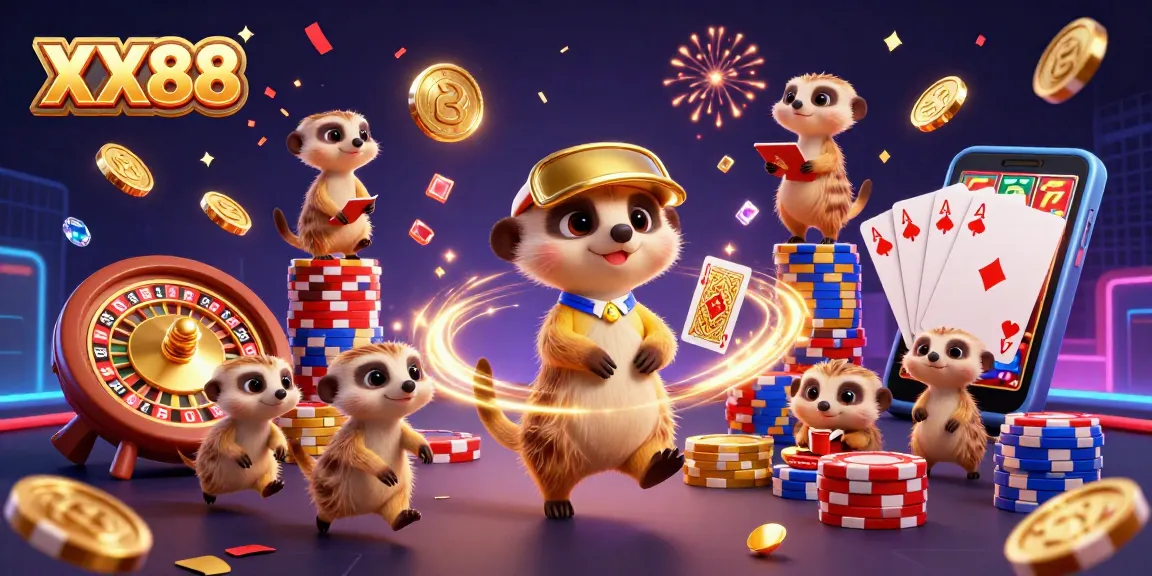 Experience thrilling gameplay at XX88 casino with meerkats running games, stacked chips, and festive elements.