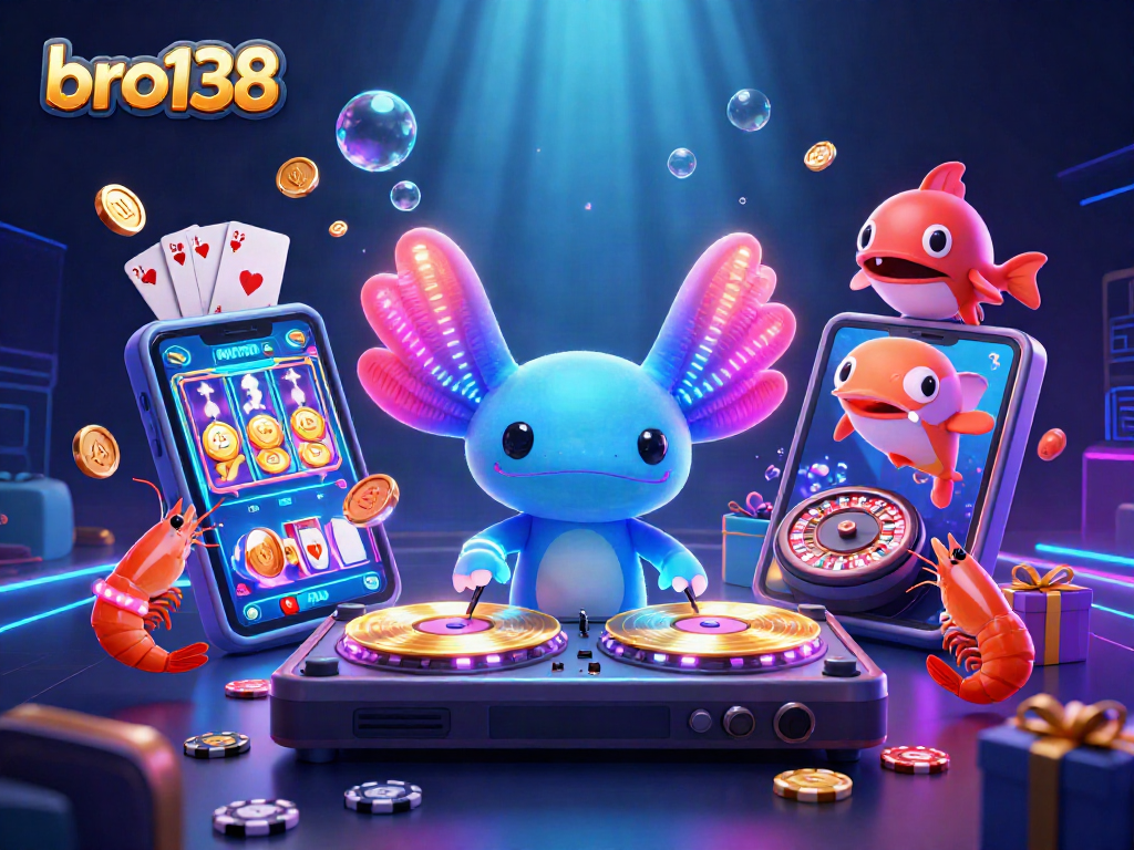 Engage with bro138's colorful slot game scene featuring animated characters and dynamic casino elements.